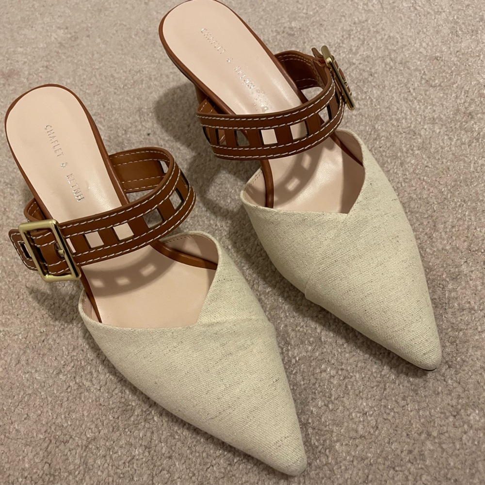 Charles & Keith Beige Pointed-Toe Slingback Heels with Brown Strap - Picture 7 of 10